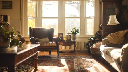 Interior of a living room with a chair and a coffee table