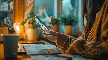 Cropped image of businesswoman using mobile phone while working in officeの写真素材