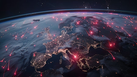 Global network on planet Earth at night as seen from space. 3D illustration.