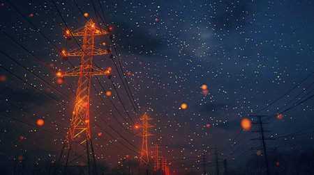 Electricity pylons on the background of the night sky.の写真素材