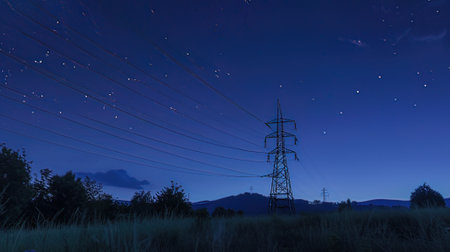 High voltage power line in the field at night with starry skyの写真素材