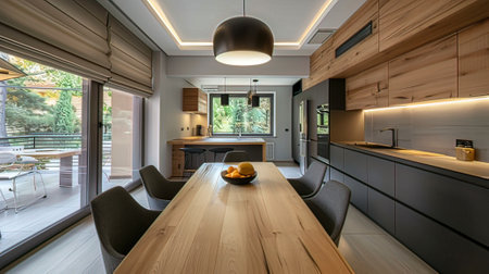 Interior of a modern house, kitchen and dining room. Nobody insideの写真素材