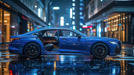 Modern car in the city at night. 3d render image.の写真素材