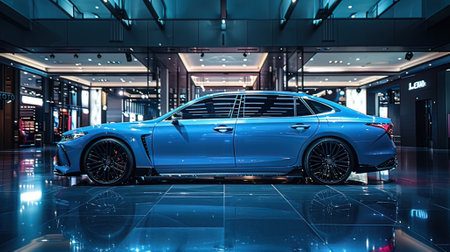 3D rendering of a brand-less generic concept car in a showroomの写真素材