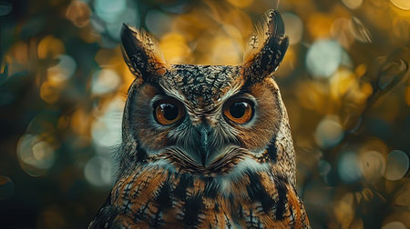 Portrait of a beautiful owl on a bokeh background.の写真素材