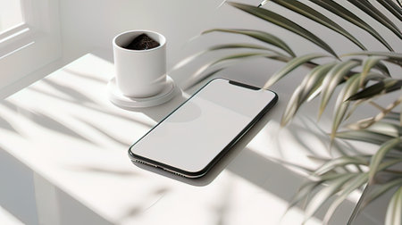 Mockup smartphone with blank screen on white table. 3d renderingの写真素材