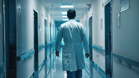 Rear view of young male doctor in white coat walking in corridorの写真素材