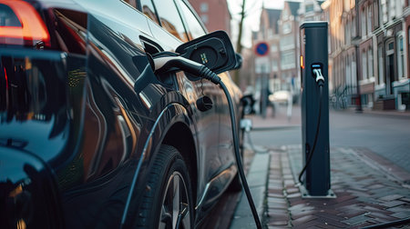 Electric car charging at a charging station in the netherlands.の写真素材