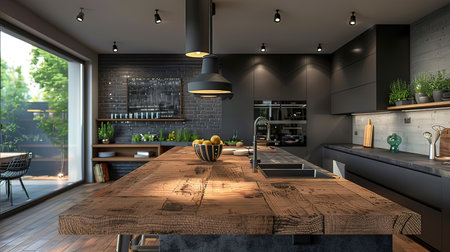 3d Illustration of modern kitchen in a loft with a beautiful designの写真素材