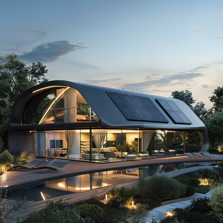 3d rendering of a modern house with solar panels on the roofの写真素材