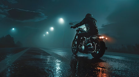 Motorcycle rider on the road at night with fog. 3d rendering.の写真素材