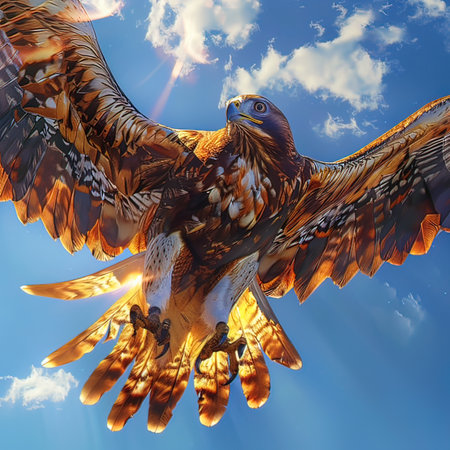 3D render of a golden eagle flying in the blue sky.の写真素材