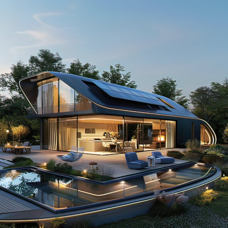 3d rendering of modern cozy house with pool and parking for sale or rent in luxurious style and beautiful landscaping.の写真素材