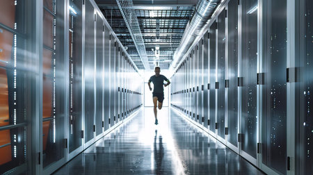 Running man in modern data center corridor. Mixed media. Mixed media