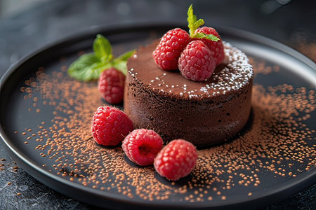 Chocolate cake with raspberries and mint on a black plateの写真素材