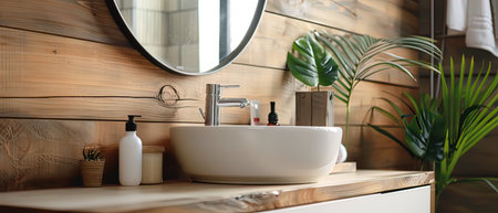 Bathroom interior with sink, mirror and cosmetics on wooden shelfの写真素材