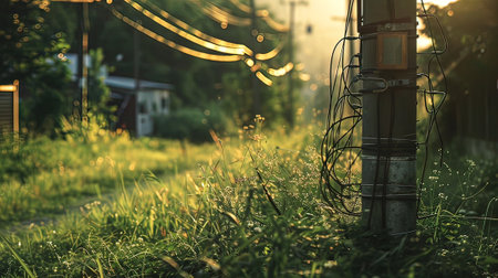 electricity post in the garden with grass and flowers at sunset.の写真素材