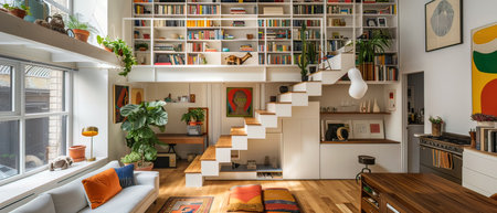 Interior of a modern living room with bookshelf and stairsの写真素材