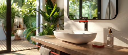 Interior of a modern bathroom with bathtub, sink and mirrorの写真素材