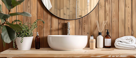 Interior of modern bathroom with wooden walls, wooden floor, white bathtub and round mirror. 3d renderingの写真素材