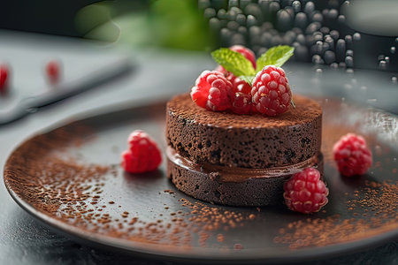 Chocolate cake with raspberries and mint on a black plateの写真素材