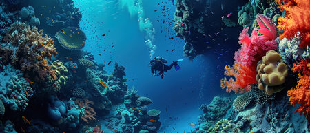Diver and tropical fish on a coral reef in the Red Sea
