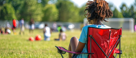 Young african american woman sitting on folding chair at sports fieldの写真素材