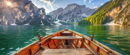Wooden boat on lake braies in south tyrol, italyの写真素材
