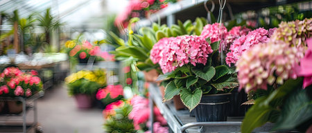 Beautiful pink hydrangea flowers in flower shop, stock photoの写真素材