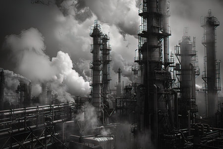 3D illustration of an industrial landscape with an oil refinery plant.の写真素材