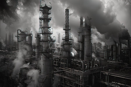 Industrial landscape with large chimneys of oil refinery. 3D renderingの写真素材