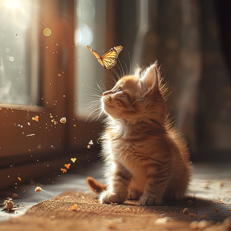 Cute ginger kitten playing with a butterfly on the windowsill.の写真素材