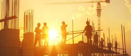 Silhouette of construction workers on the construction site at sunset.の写真素材