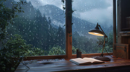 Book and lamp on the windowsill in the rainy morning. Rainy weatherの写真素材