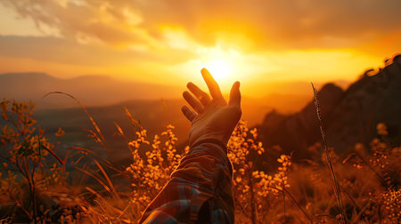 Hiking in the mountains at sunset. Freedom and relax concept.の写真素材