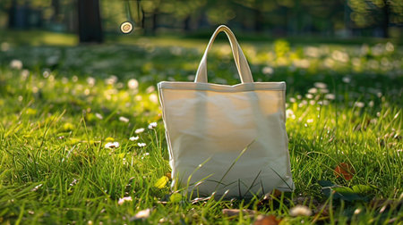 White bag on the grass in the park. Eco-friendly concept.の写真素材