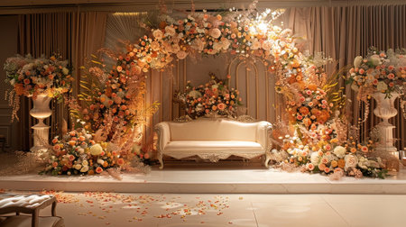 Wedding arch decorated with flowers and candles. Luxury interiorの写真素材