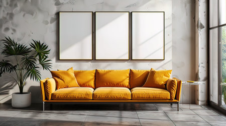 Modern living room interior with yellow sofa and mock up poster frame. 3d renderの写真素材