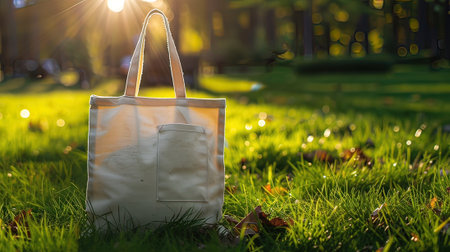 Eco bag on the grass in the park at sunset. Selective focus.