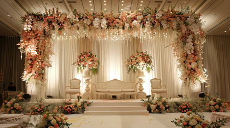 Interior of a wedding ceremony with flowers and chairs in Thailand.の写真素材