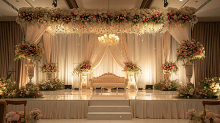 Interior of a beautiful wedding hall decorated with flowers and candles.の写真素材