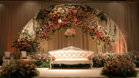 wedding arch with flowers and a white sofa in a restaurantの写真素材
