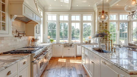 Kitchen in luxury home with white cabinets and island. Northwest, USAの写真素材