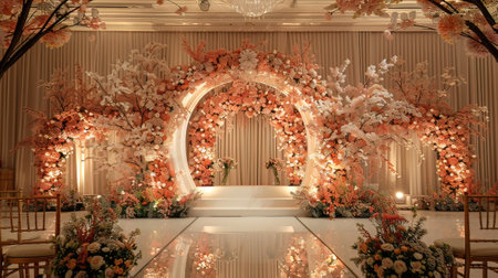 Wedding arch with flowers and candles in the interior of the restaurantの写真素材