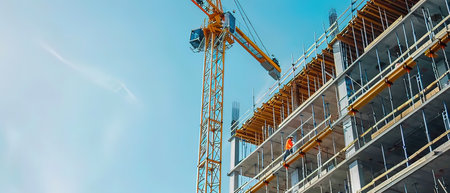 Multi-storey building under construction with scaffolding (new residential complex)の写真素材