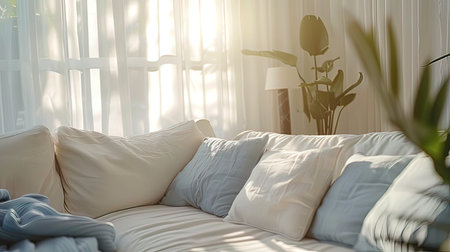white pillow on sofa decoration in living room interior - Vintage Light Filterの写真素材