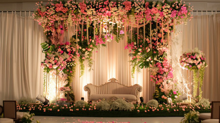 Wedding arch decorated with flowers in the interior of the roomの写真素材