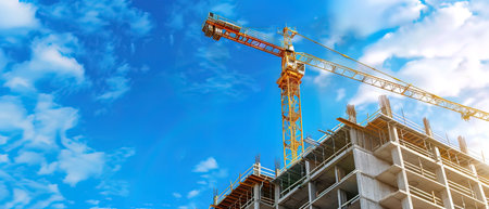 Construction crane and building under construction against blue sky. Panoramic bannerの写真素材