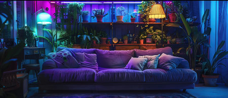 Interior of a living room with a purple sofa and decorative plantsの写真素材