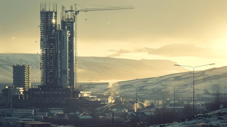 Construction of a high-rise building on the background of the cityの写真素材